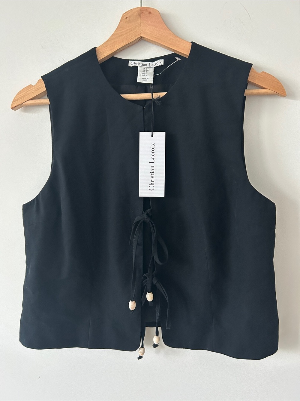 NWT Christian Lacroix Black Scoop Neck Front Tie Cropped Vest Blouse Small